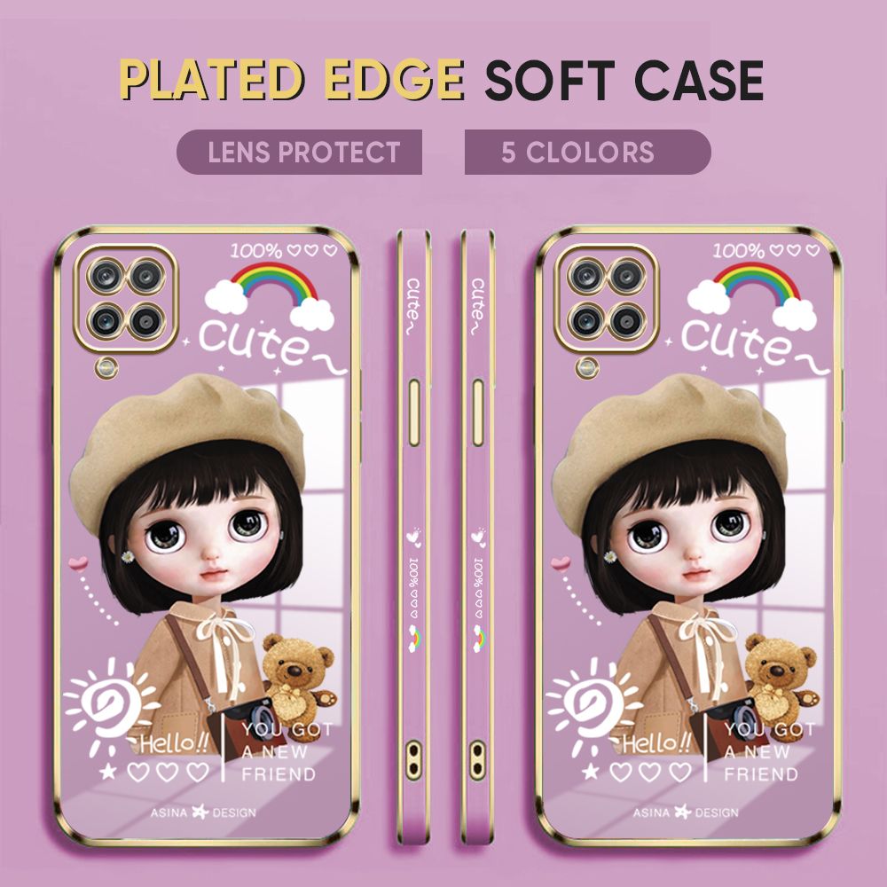 Luxury 6D Plating Case for Samsung M12 Phone Cases Satchel Girl Side Print Soft Silicone Square Back Cover