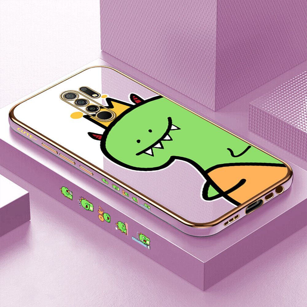 Luxury 6D Plating Case for Redmi 9 Cute Little Dinosaur Side Pattern Back Cover Soft Silicone Square Frame Shiny Bling Phone Cases + Free Lanyard