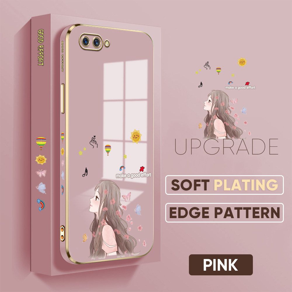 TA for OPPO A12E / A3S / Realme C1 Back Cover + Free Lanyard Charming Girl Luxury 6D Plating Case Side Pattern Soft Silicone Square Phone Cases