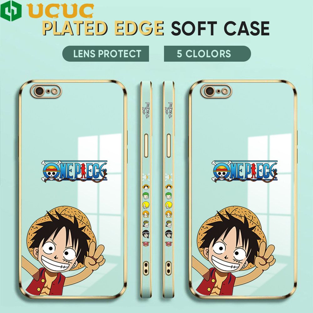 UCUC for iPhone 6 Plus / 6S Plus Back Cover + Free Lanyard Wave Luffy Luxury 6D Plating Case Side Pattern Soft Silicone Square Phone Cases