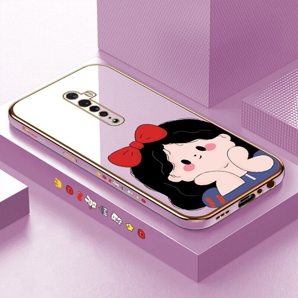 Luxury 6D Plating Soft Casing Silicone Square Frame Phone Case For OPPO Reno 2 Case Shiny Bling Back Cover Cartoon Cute Bow Girl Square Edge Pattern Design Soft Case + Free Lanyard