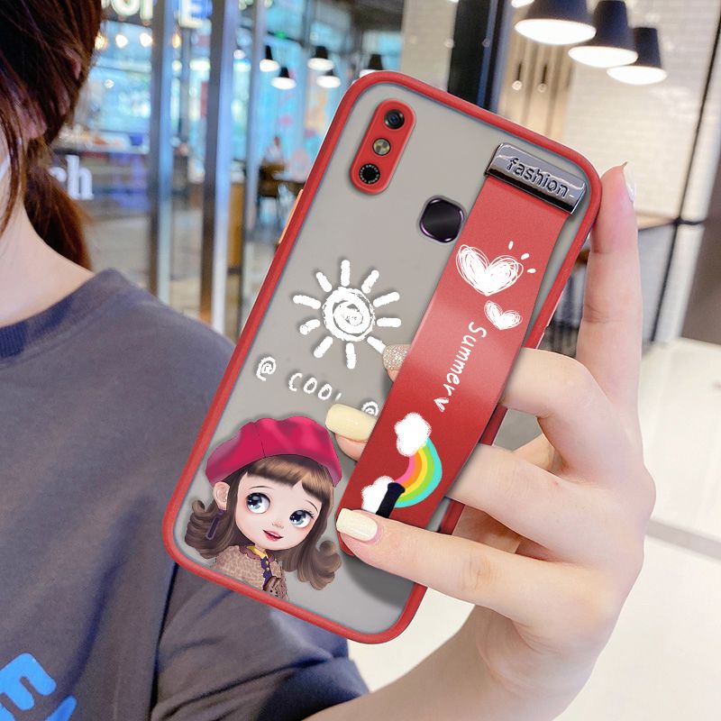 UCUC for Infinix Smart4 Wrist Strap Case Lovely Cartoon Red Hat Girl Wristband Printing Cover Shockproof Frosted Phone Case