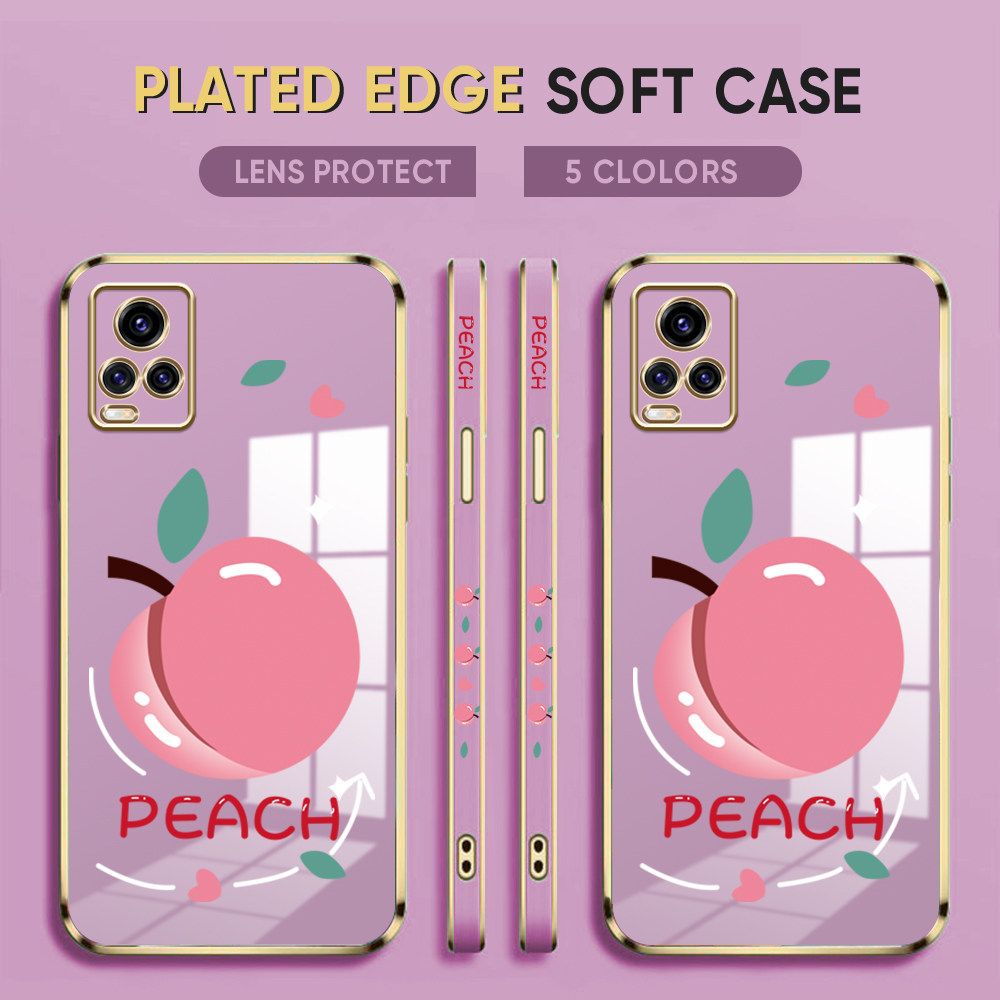 Luxury 6D Plating Case for Vivo V20 Pro Phone Cases Cartoon Simple Peach Side Print Soft Silicone Square Back Cover