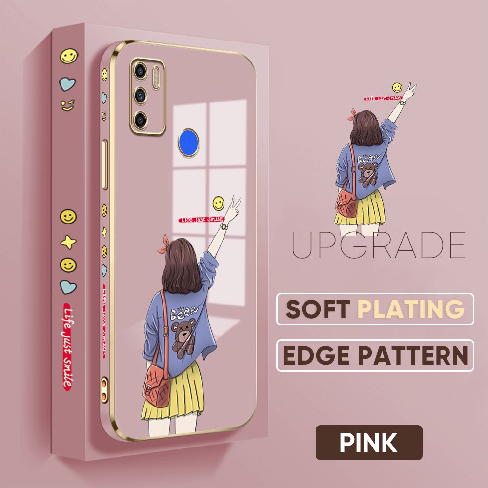 TA for Tecno Spark 5 Air / Tecno Spark 6 Air Back Cover + Free Lanyard Happy Girl Luxury 6D Plating Case Side Pattern Soft Silicone Square Phone Cases