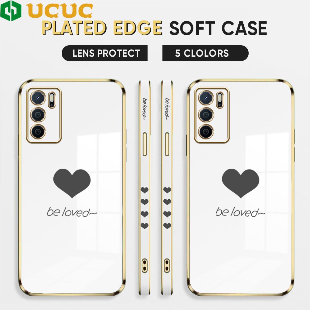 UCUC for OPPO A16 Back Cover + Free Lanyard Lover Heart Luxury 6D Plating Case Side Pattern Soft Silicone Square Phone Cases
