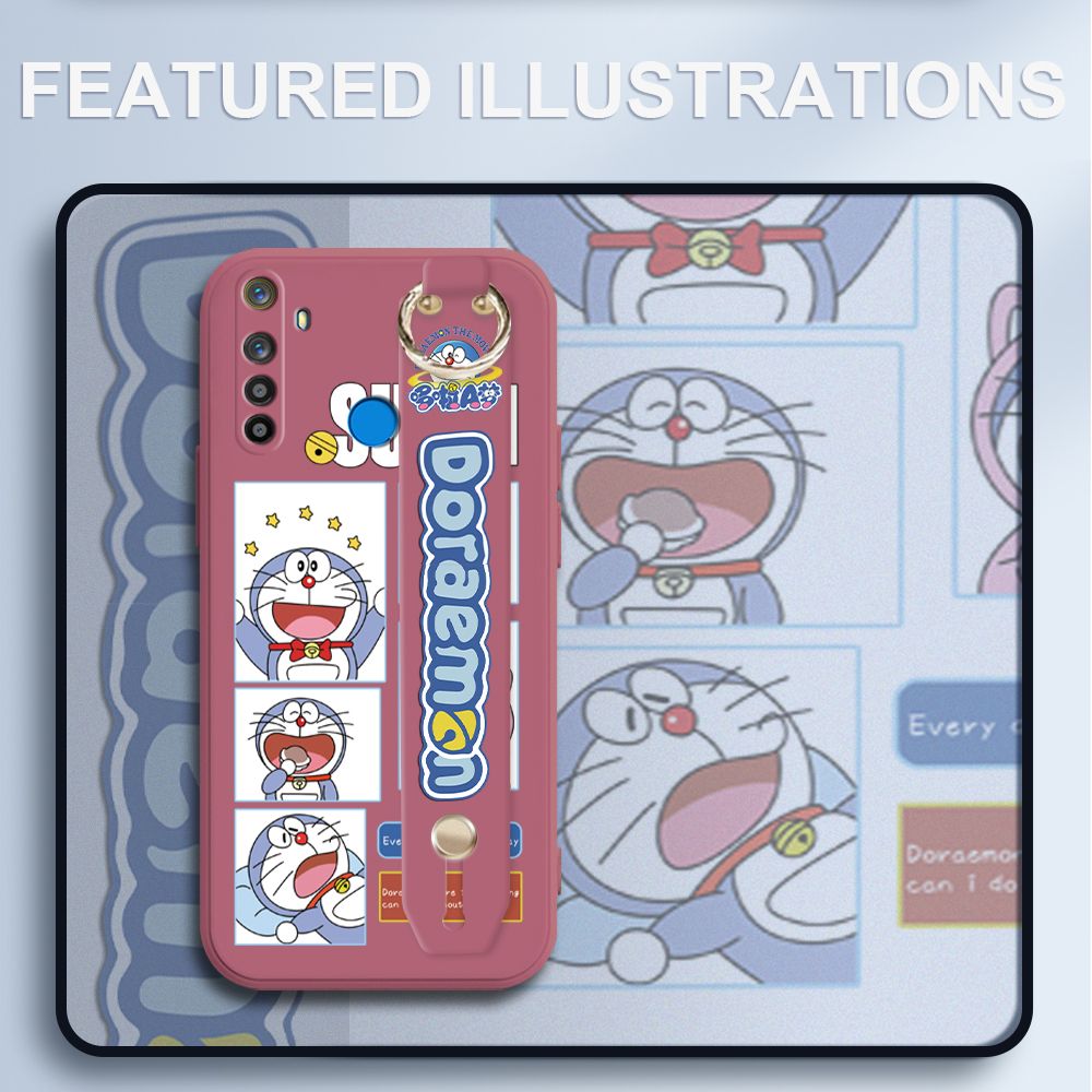 UCUC for Realme 5i Wrist Strap Case Creative Cartoon Doraemon's Daily Life Cover Ultra Thin Anti Fall Liquid Silicone Phone Case