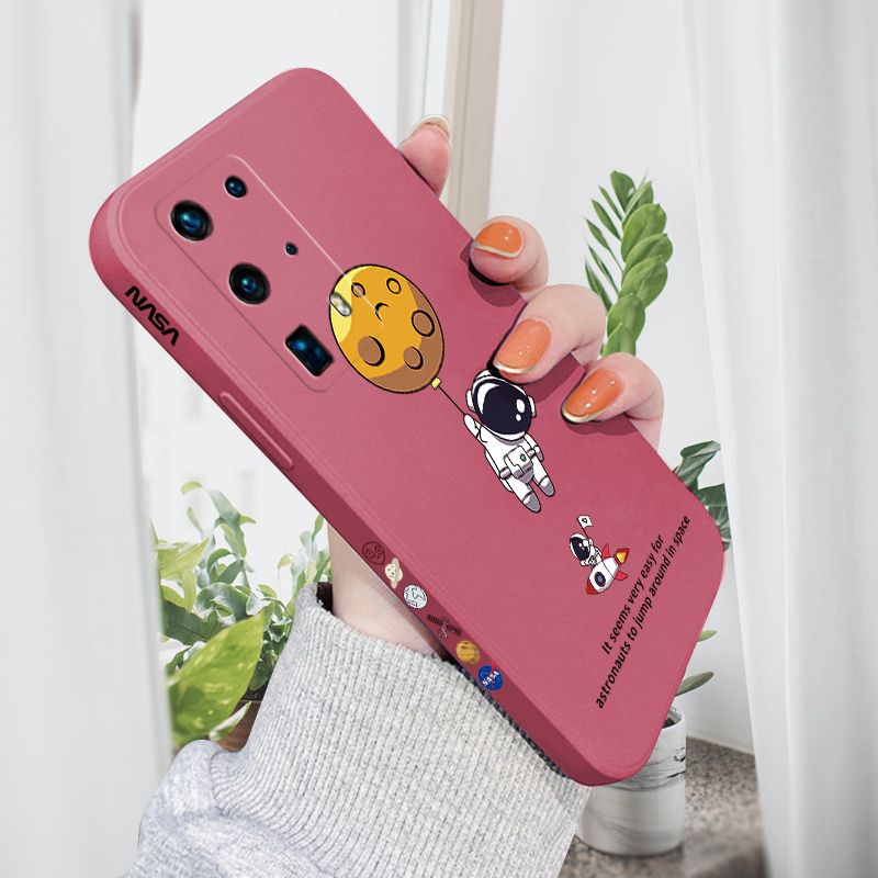 AMORVOR for Huawei P40 Pro Plus Back Cover Cartoon Astronautn Side design Soft Case Liquid Silicone Phone Cases