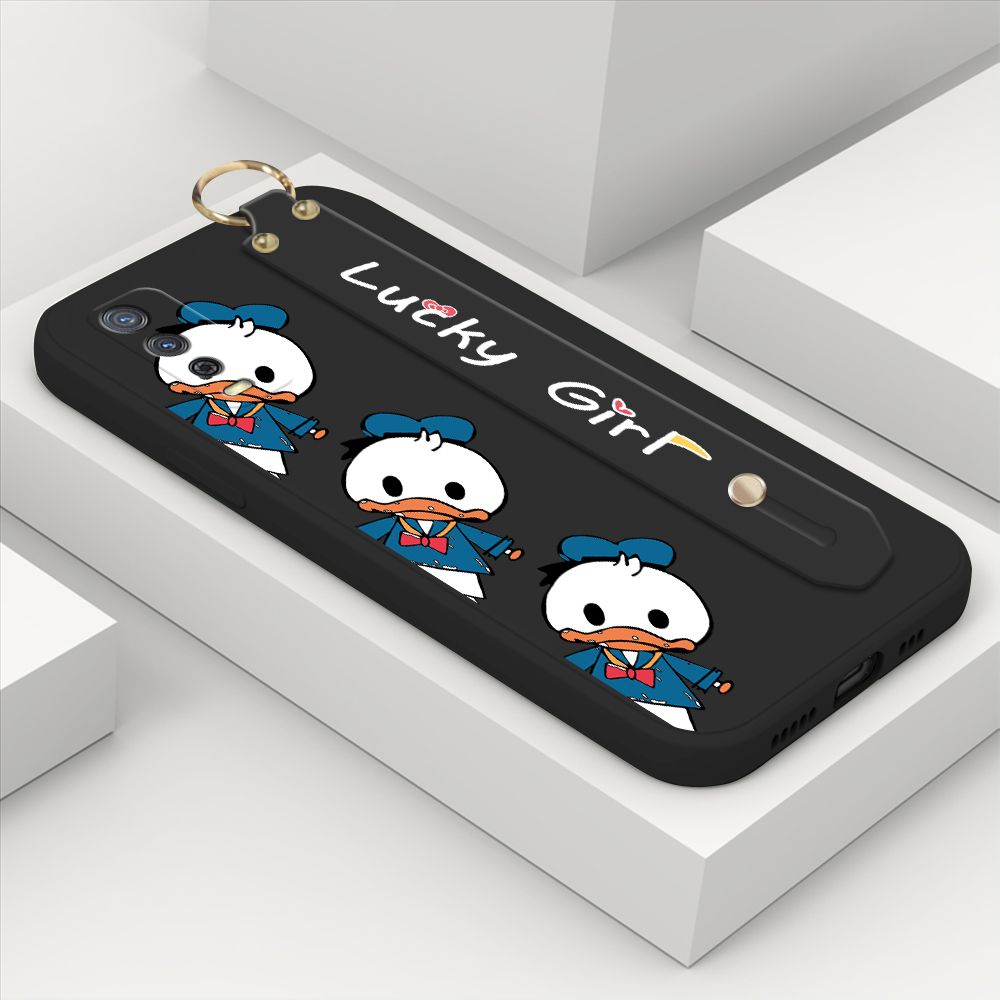 ZeroQiQi for Vivo Y20S Wrist Strap Case Cute Cartoon Little Duck Phone Case Square Edge Liquid Silicone Case Full Cover Camera Shockproof Protective Cases