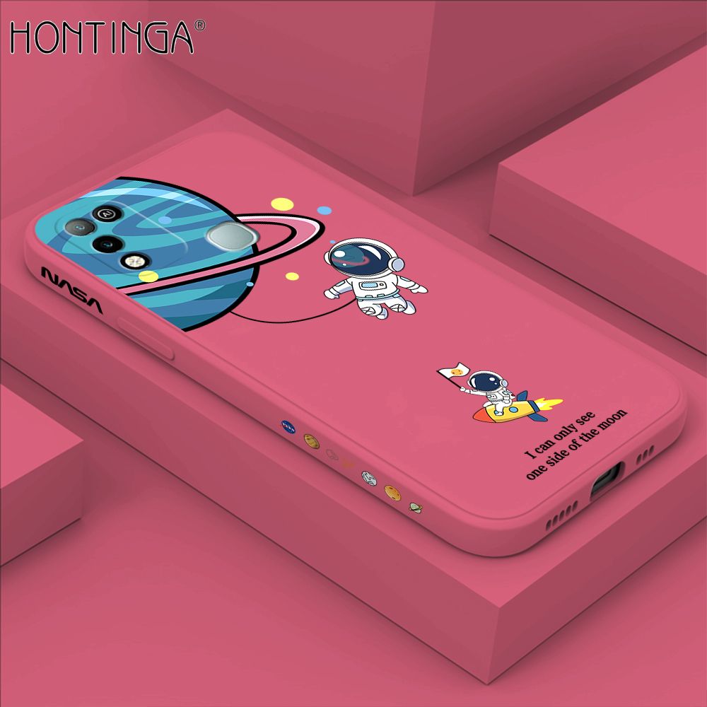Hontinga for Infinix Hot 10 Play / Hot 11 Play Case Cartoon Astronaut Side Design Back Cover Soft Square Edge Liquid Silicone Phone Cases