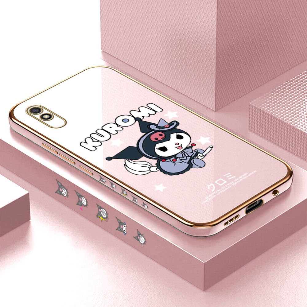 Luxury 6D Plating Soft Casing Silicone Square Frame Phone Case For Redmi 9A Case Shiny Bling Back Cover Cartoon Anime Character Cute Square Edge Pattern Design Soft Case + Free Lanyard