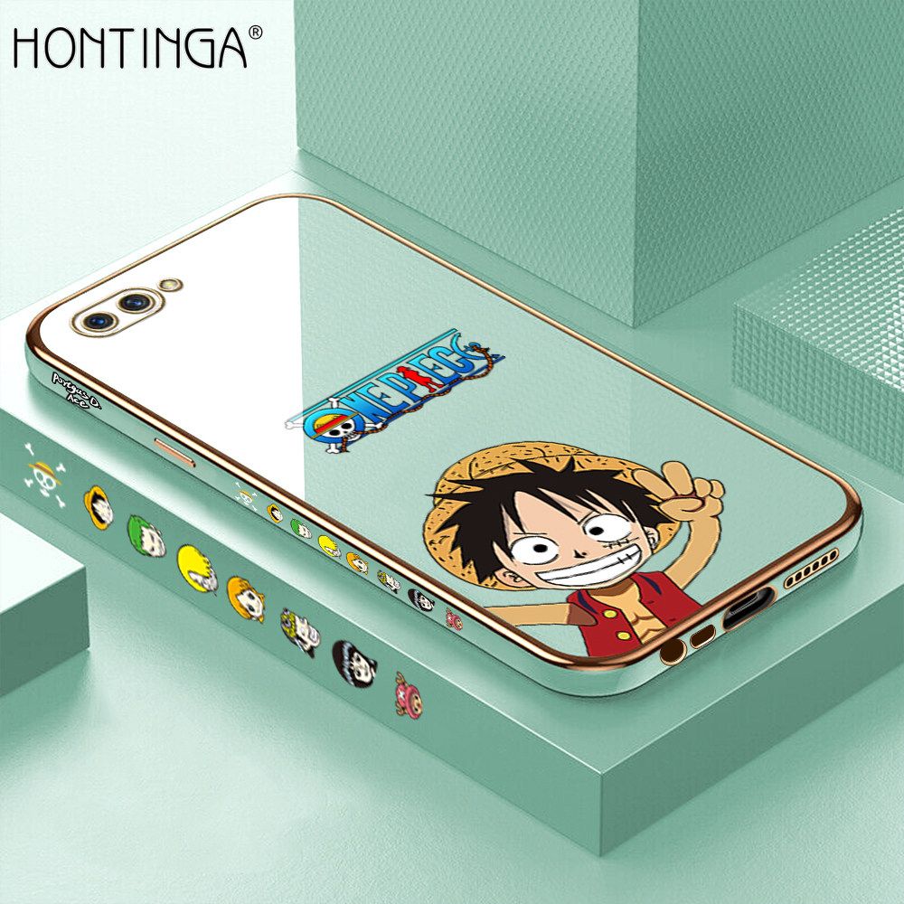 Hontinga for OPPO A3S A12E Realme C1 Back Cover + Free Lanyard Luxury 6D Plating Anime Cartoon Happy Luffy Side Pattern Case Soft Silicone Square Mobile Cover