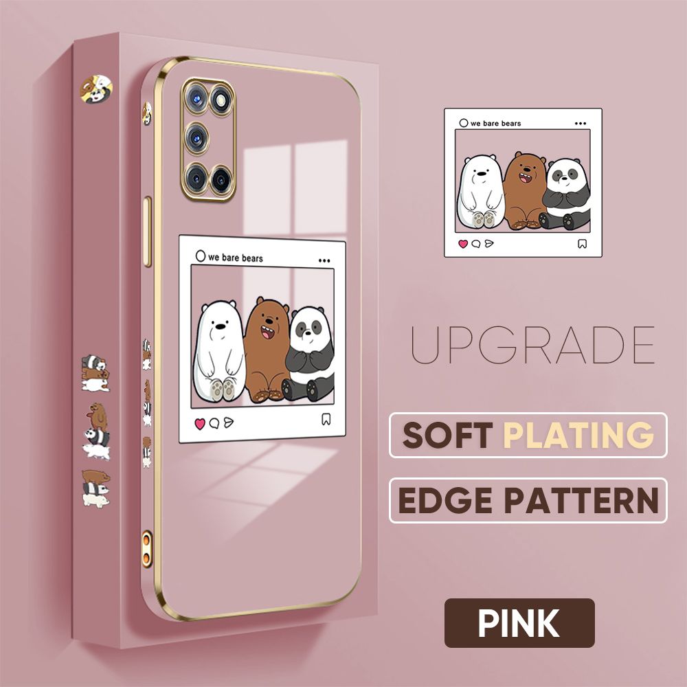 Jizetin (Free Lanyard) OPPO A92 / A52 Cover Bears Photo Luxury 6D Plating Soft Casing Silicone Square Frame Phone Case Shiny Bling Back Cover