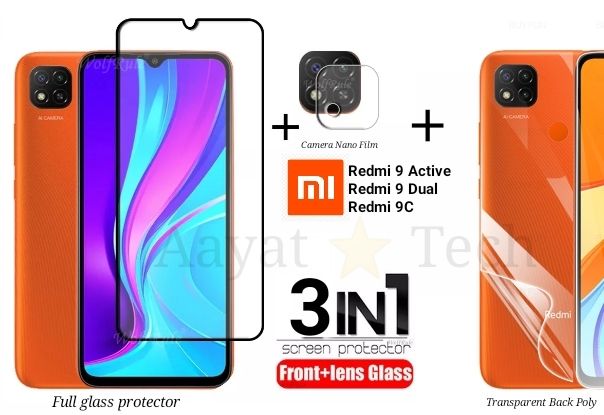 (3-in1 Combo Pack) For Redmi 9 Active / Redmi 9C / Redmi 9 Dual (Premium Quality Full Cover Glass Protector + Camera Lens Protector Nano Film +  Transparent Back Poly)