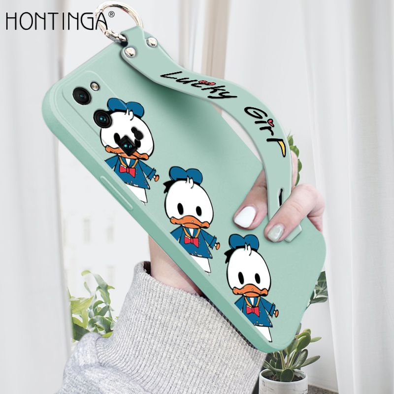 Hontinga for Honor 30 Pro Wrist Strap Case Cute Cartoon Little Duck Phone Case Square Edge Liquid Silicone Case Full Cover Camera Shockproof Protective Cases