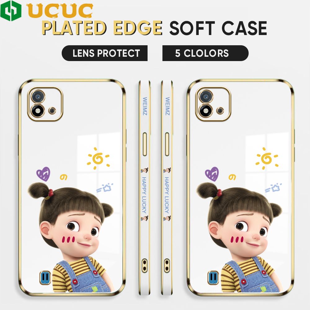 UCUC for Realme C11 2021 / Realme C20 / Realme C20A Back Cover + Free Lanyard Lovely Girl Luxury 6D Plating Case Side Pattern Soft Silicone Square Phone Cases