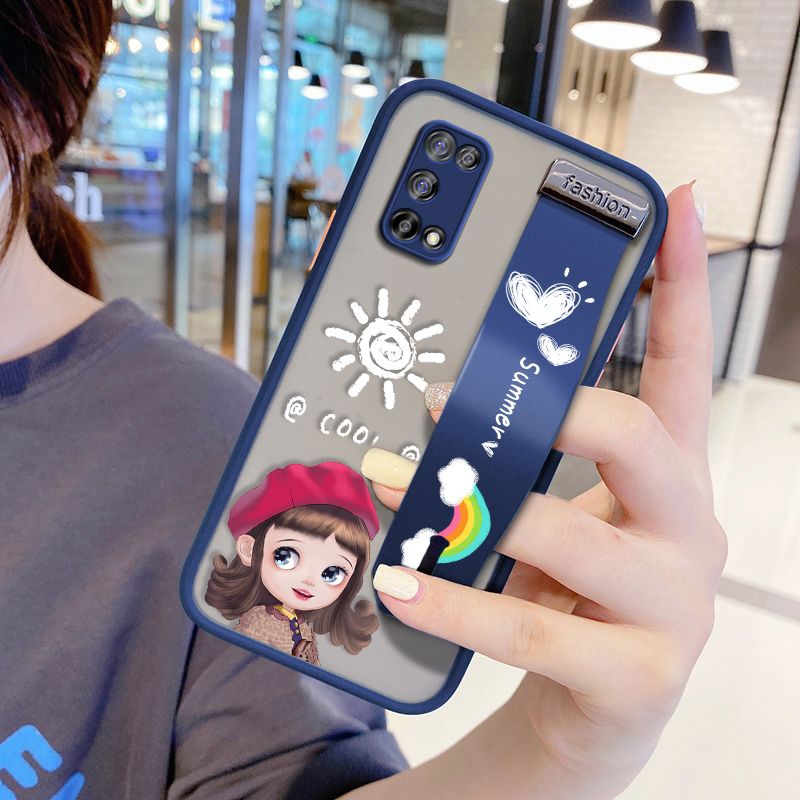 UCUC for Realme 7 5G Wrist Strap Case Lovely Cartoon Red Hat Girl Wristband Printing Cover Shockproof Frosted Phone Case