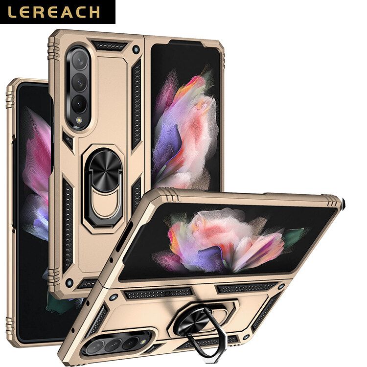 Lereach For Samsung Galaxy Z Fold3 5G Mobile Phone Case TUP+PC Hard Ring Car Ring Bracket Shockproof Back Cover