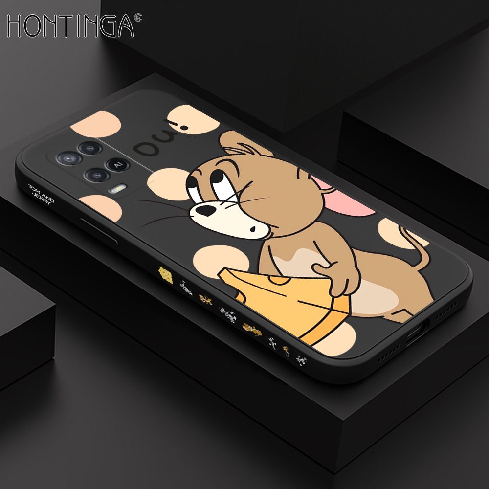 Hontinga for OPPO A54 2021 Case Side Design Cute Cartoon Mouse Back Cover Soft Square Edge Pattern Liquid Silicone Trend Phone Cases