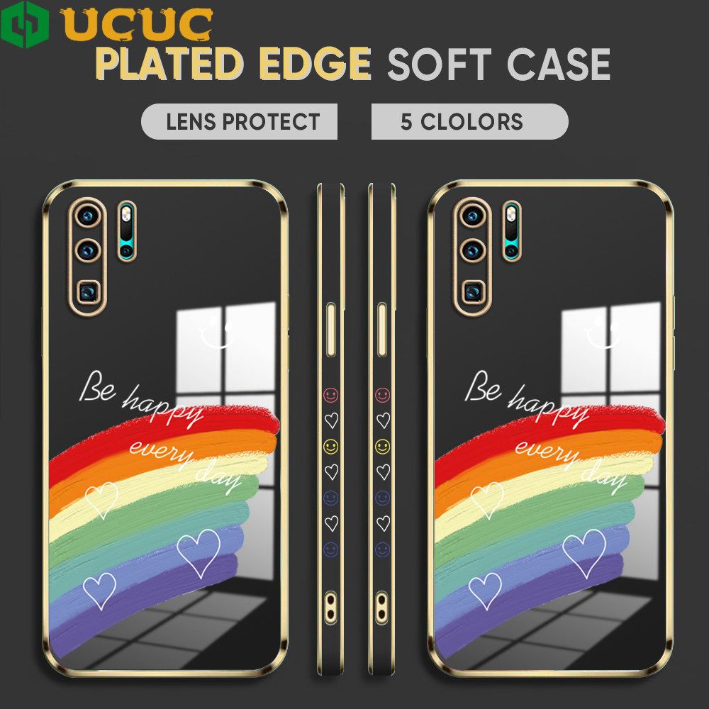 UCUC for Huawei P30 Pro Back Cover + Free Lanyard Rainbow Doodle Luxury 6D Plating Case Side Pattern Soft Silicone Square Phone Cases