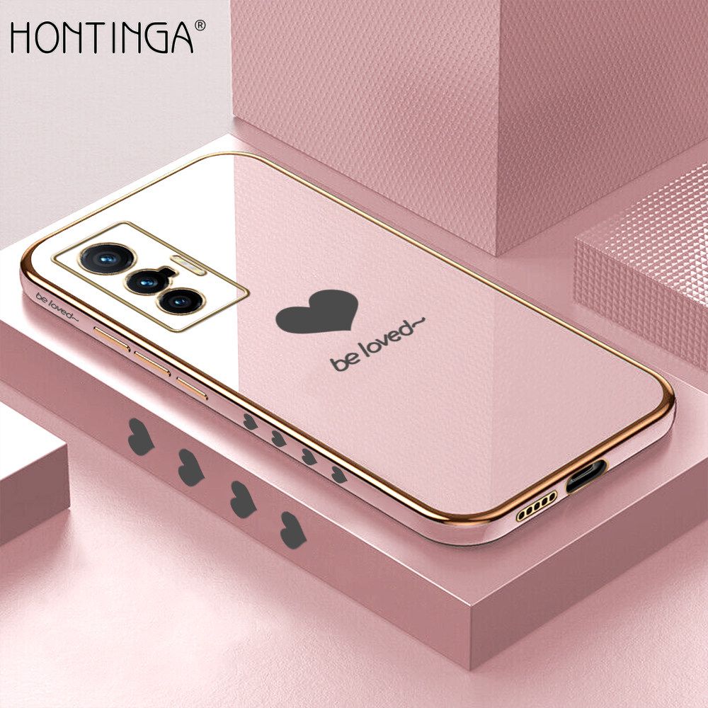 Hontinga for Vivo X70 5G Back Cover + Free Lanyard Luxury 6D Plating Lover Heart Side Pattern Case Soft Silicone Square Mobile Cover
