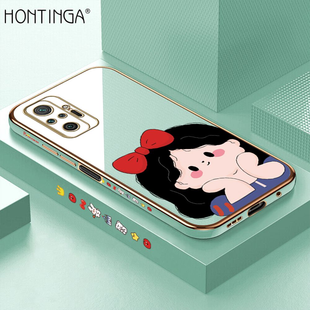 Hontinga for Redmi Note 10 Pro Back Cover + Free Lanyard Luxury 6D Plating Cute Bow Girl Side Pattern Case Soft Silicone Square Mobile Cover