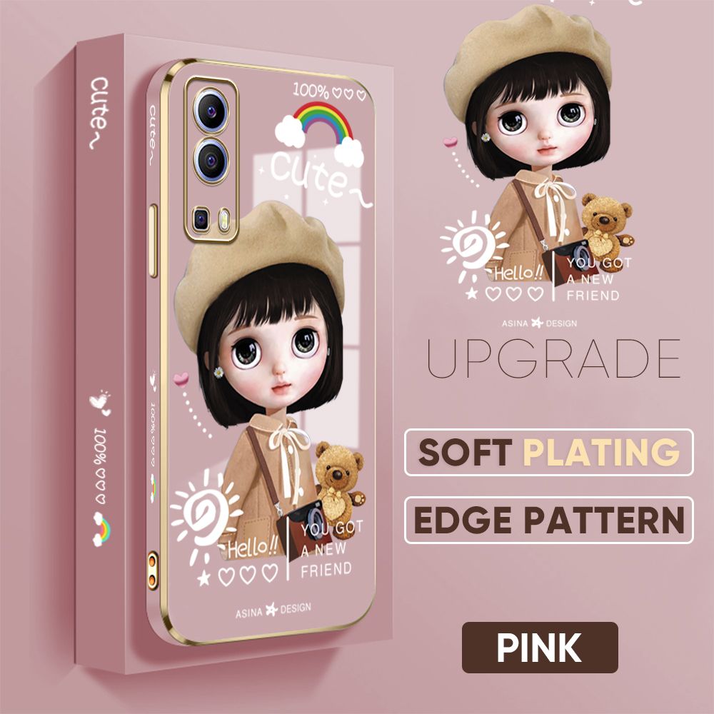 Jizetin (Free Lanyard) Vivo Y52 5G / Y72 5G Cover Satchel Girl Luxury 6D Plating Soft Casing Silicone Square Frame Phone Case Shiny Bling Back Cover