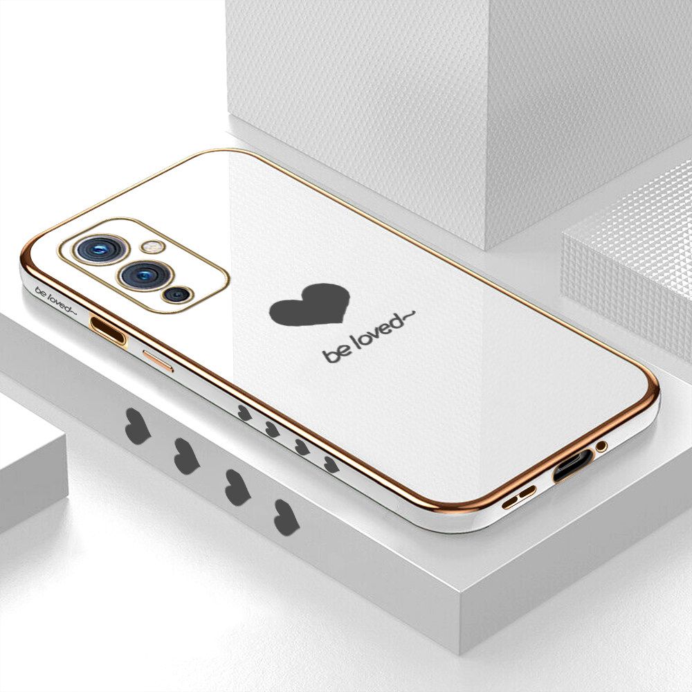Luxury 6D Plating Soft Casing Silicone Square Frame Phone Case For OnePlus 9 Case Shiny Bling Back Cover Lover Heart Square Edge Pattern Design Soft Case + Free Lanyard