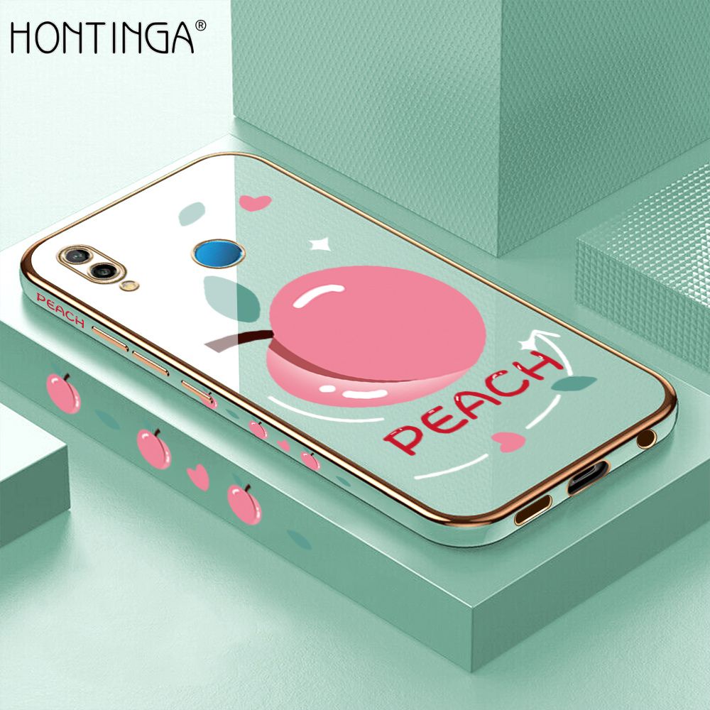 Hontinga for Huawei P20 Lite Case Luxury 6D Plating Soft Casing Silicone Square Frame Phone Cover Shiny Bling Side Print Cartoon Simple Peach Cases