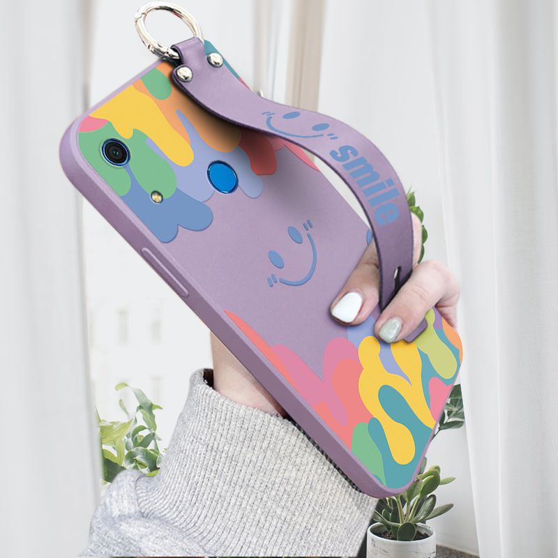 Hontinga for Huawei Y6S Wrist Strap Case Soft Candy Color Splash Ink Cover Trend Square Printed Pattern Liquid Silicone Phone Case