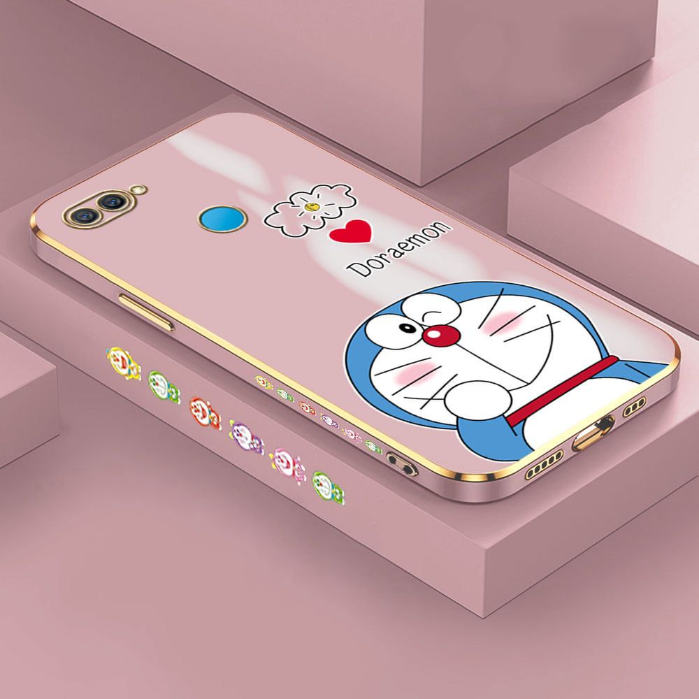 Hontinga for OPPO A12 Case Luxury 6D Plating Soft Casing Silicone Square Frame Phone Cover Shiny Bling Side Print Grinning Cartoon Cat Cases