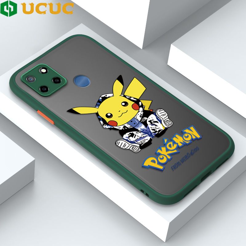 UCUC for Realme C25S / C25 / C12 / Narzo 20 / Narzo 30A Back Cover Wrapped Pikachu Frosted Transparent Hard Phone Case Thin Shockproof Full Cover Camera Protect Case