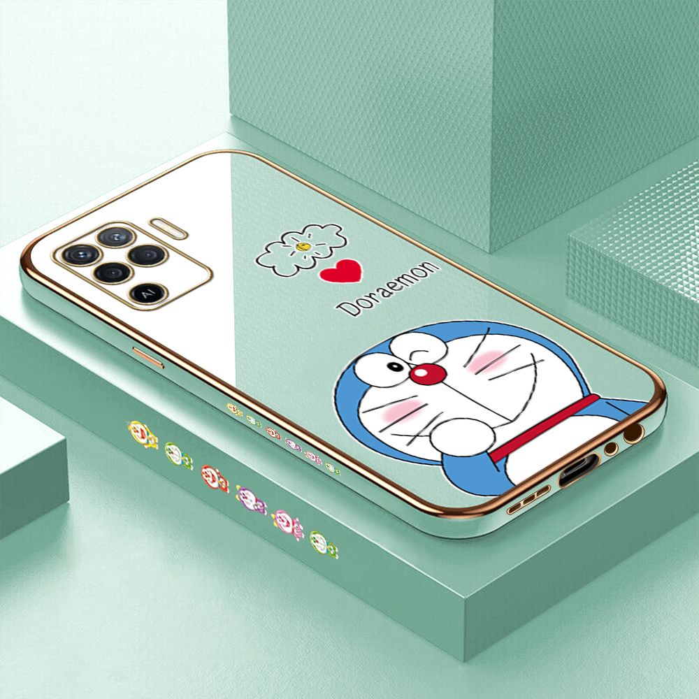 Luxury 6D Plating Case for OPPO Reno5 F Cartoon Giggle Meow Side Pattern Back Cover Soft Silicone Square Phone Cases + Free Lanyard