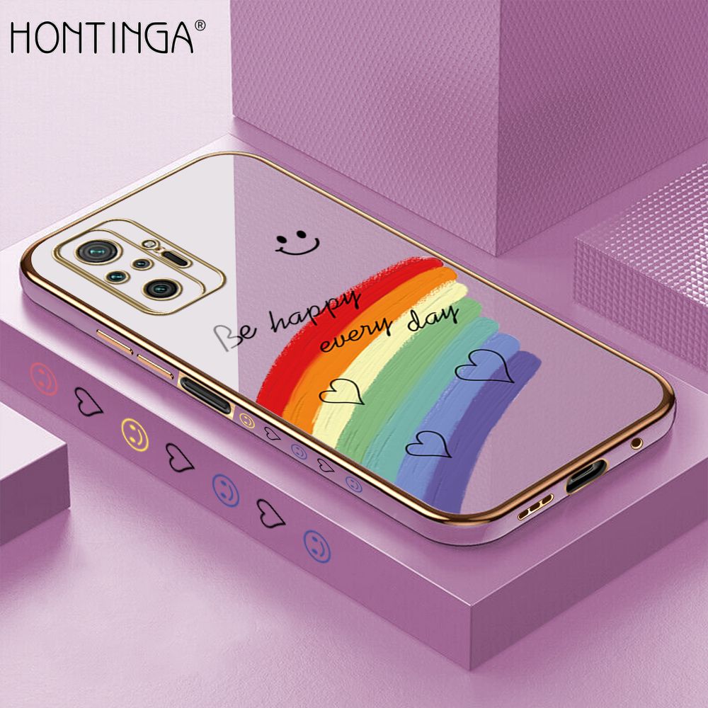 Hontinga for Xiaomi Redmi Note 10 Pro Back Cover + Free Lanyard Luxury 6D Plating Cartoon Rainbow Side Pattern Caese Soft Silicone Square Phone Cases