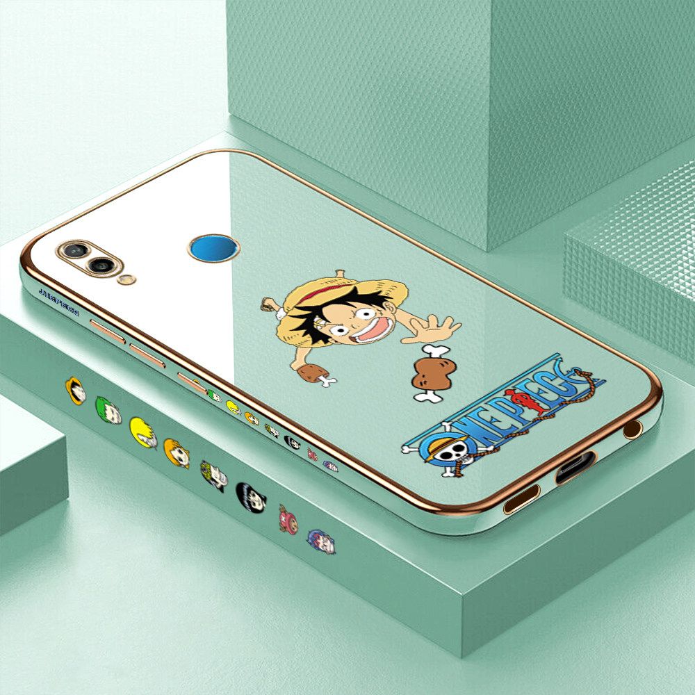Luxury 6D Plating Case for Huawei Nova 3E Gluttonous Cartoon Luffy Side Pattern Back Cover Soft Silicone Square Frame Shiny Bling Phone Cases + Free Lanyard