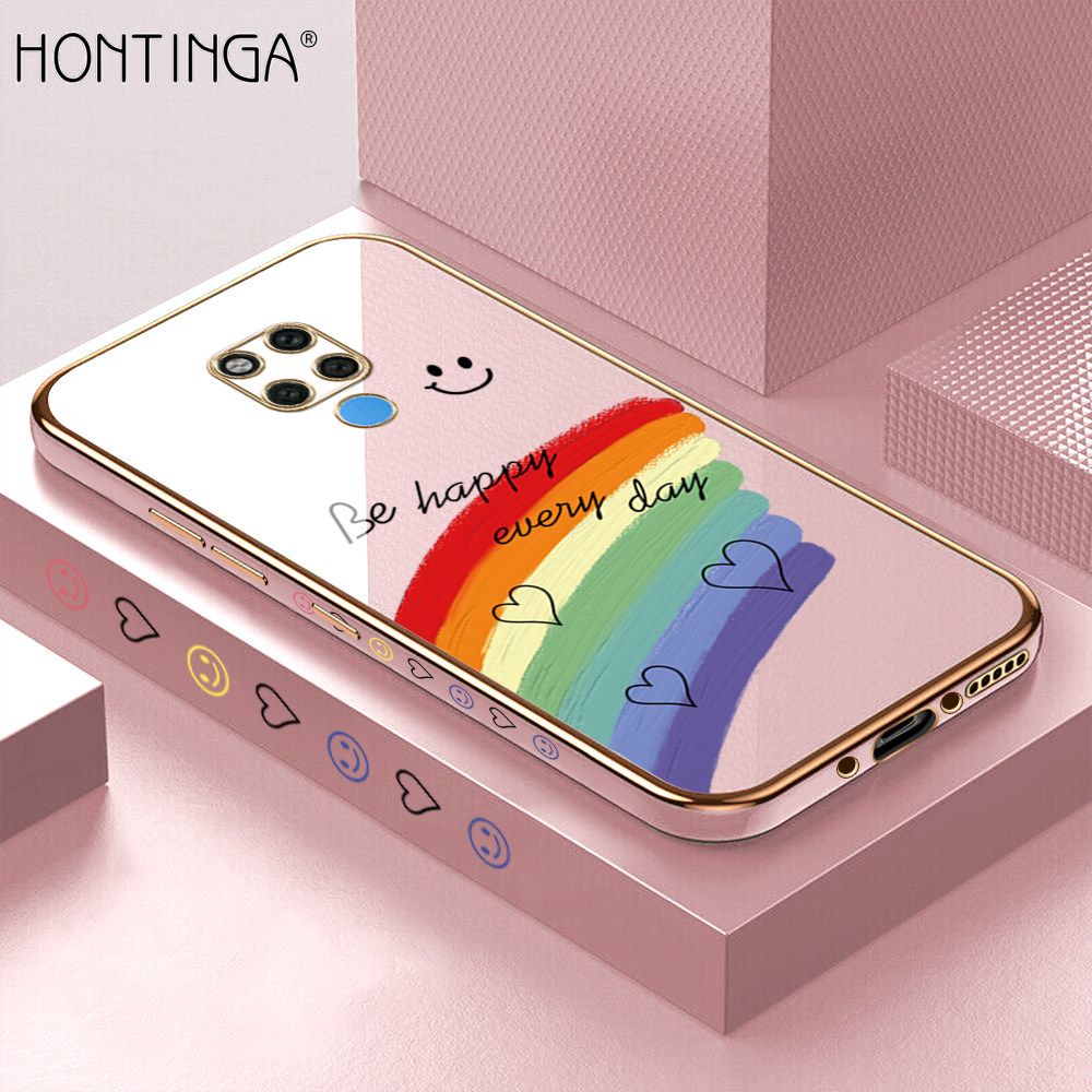 Hontinga for Huawei Mate 20 X Back Cover + Free Lanyard Luxury 6D Plating Cartoon Rainbow Side Pattern Caese Soft Silicone Square Phone Cases