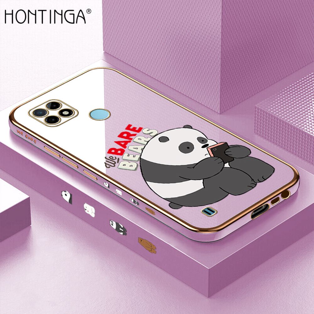 Hontinga for Realme C21Y C25Y Back Cover + Free Lanyard Luxury 6D Plating Cute Cartoon Panda Side Pattern Case Soft Silicone Square Mobile Cover