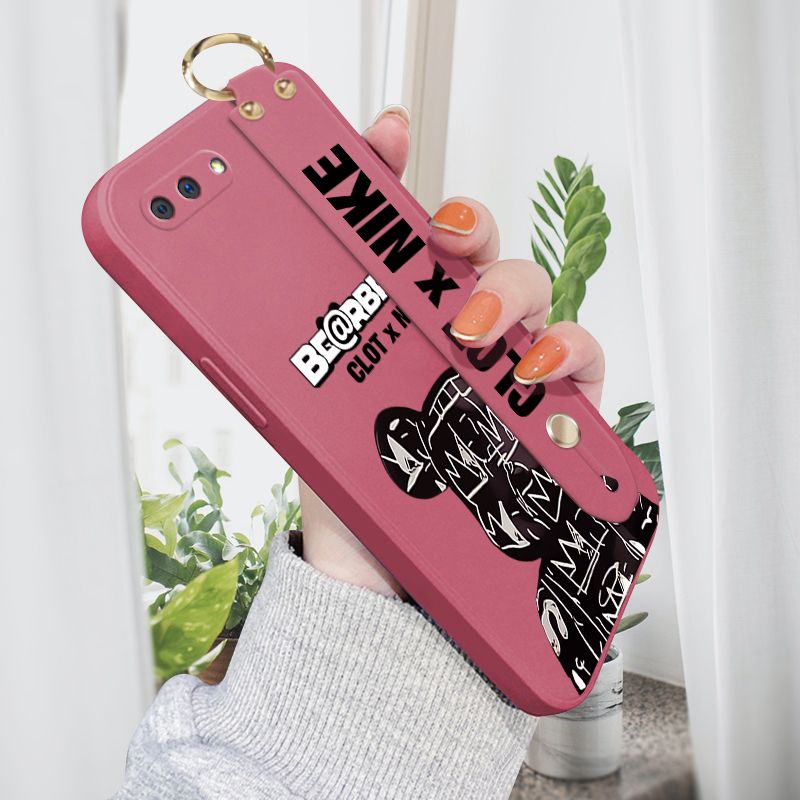 Jizetin for OPPO A3S / A12E / Realme C1 Wrist Strap Case Creative Cartoon Black Stitching Bear Cover Ultra Thin Anti Fall Liquid Silicone Phone Case