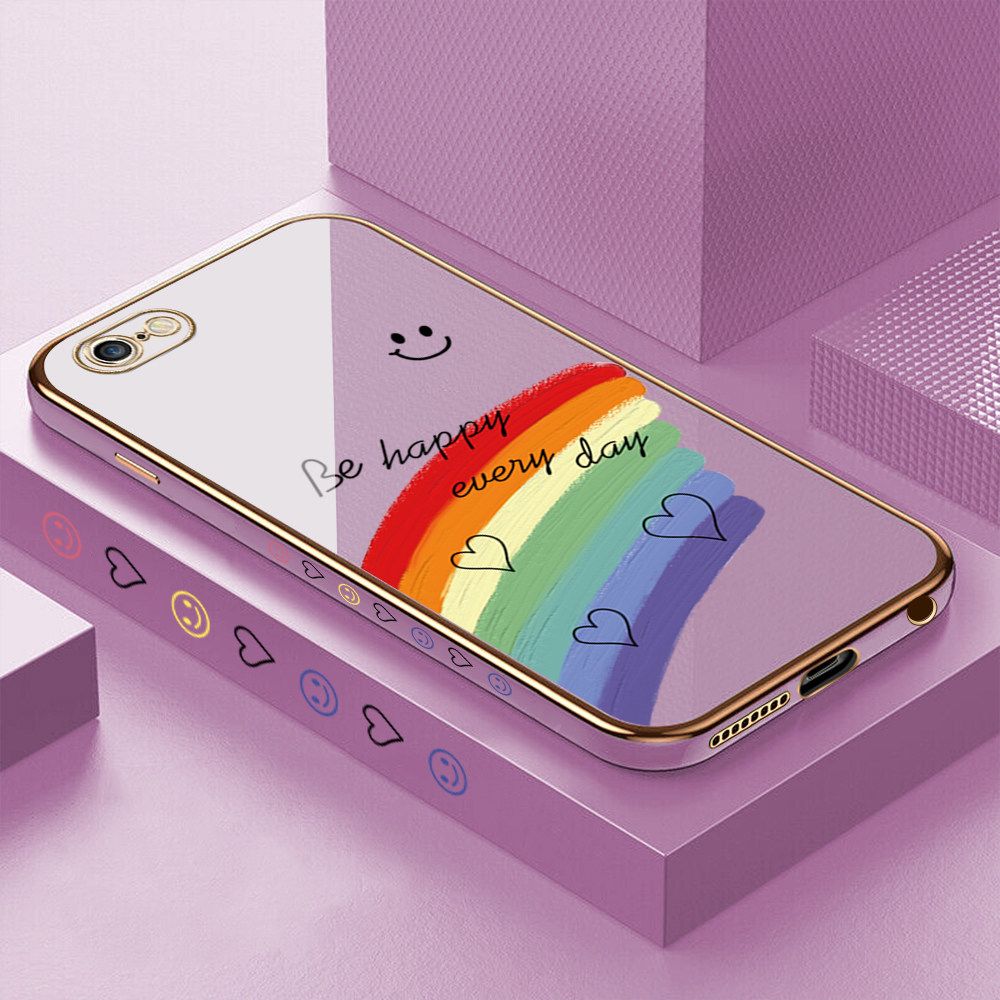 Luxury 6D Plating Case for iPhone 6 Smile Rainbow Lover Heart Side Pattern Back Cover Soft Silicone Square Frame Shiny Bling Phone Cases + Free Lanyard