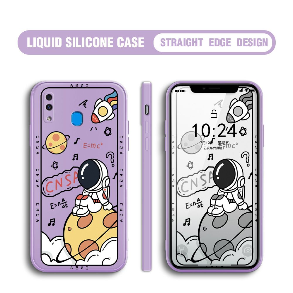 BILI for Samsung Galaxy A20 / A30 Back Cover Little Astronaut Sit In Planet Multicolor Liquid Silicone Phone Case Soft Square Lens Protection Phone Cases