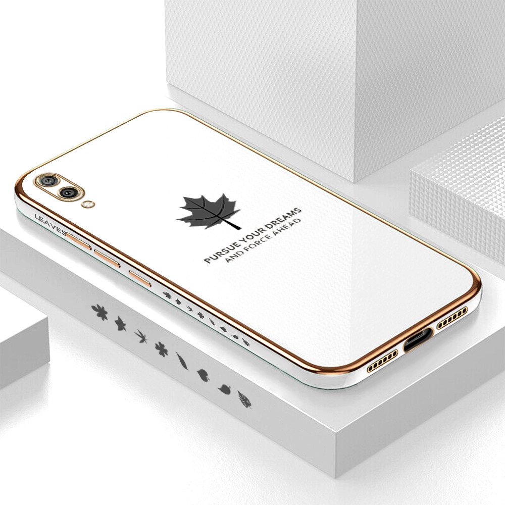 Luxury 6D Plating Soft Casing Silicone Square Frame Phone Case For Huawei Y7 Pro 2019 Case Shiny Bling Back Cover New Maple Leaf Square Edge Pattern Design Soft Case + Free Lanyard