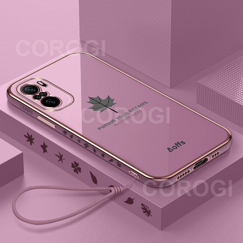 For Xiaomi Mi 11X Cover + Wrist Strap Fashion Shiny Maple leaf Plating Square Bumper Phone Case Soft TPU Silicone Shockproof Protective Back Cover