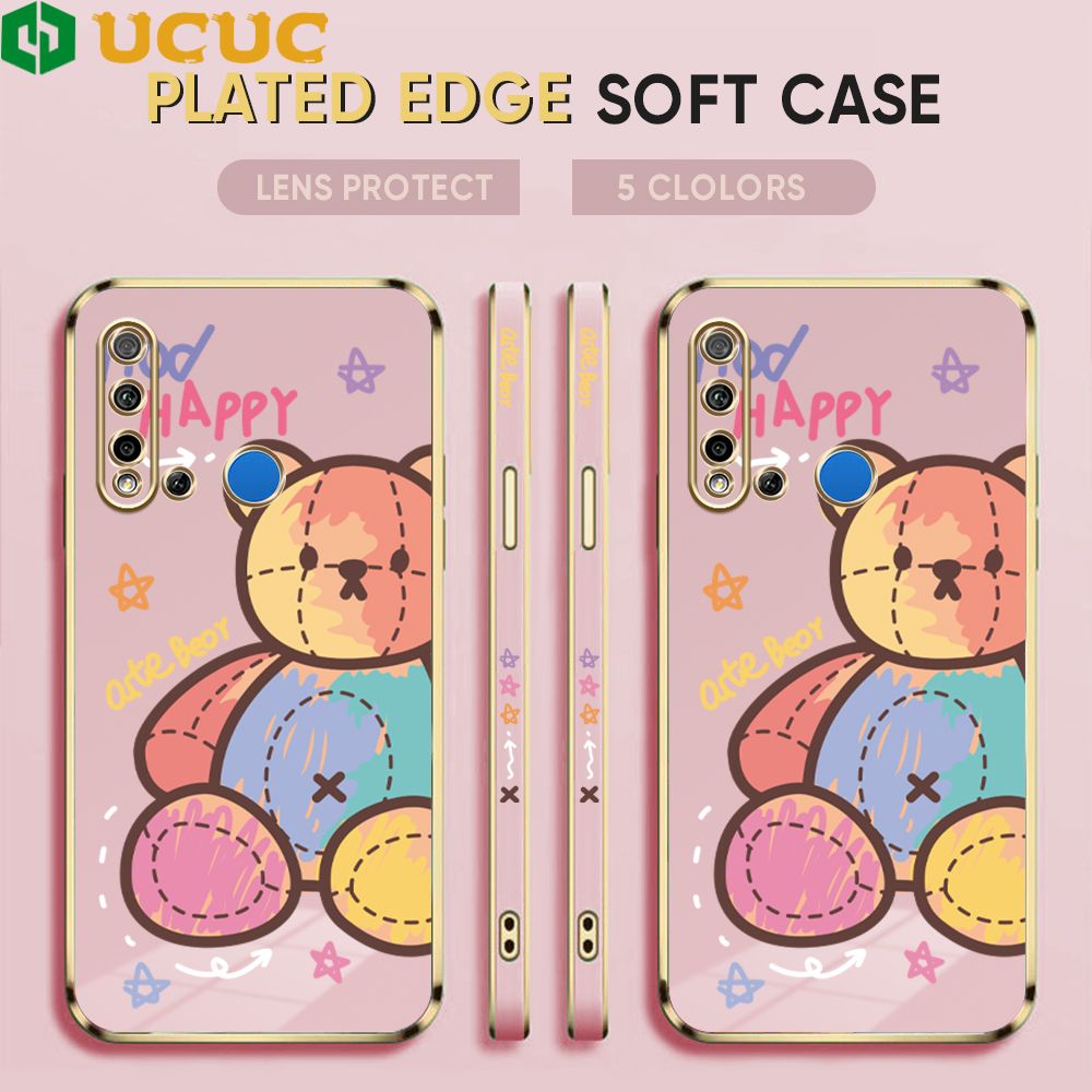 UCUC for Huawei Nova 5i / P20 Lite 2019 Back Cover + Free Lanyard Colorful Muppet Bear Luxury 6D Plating Case Side Pattern Soft Silicone Square Phone Cases