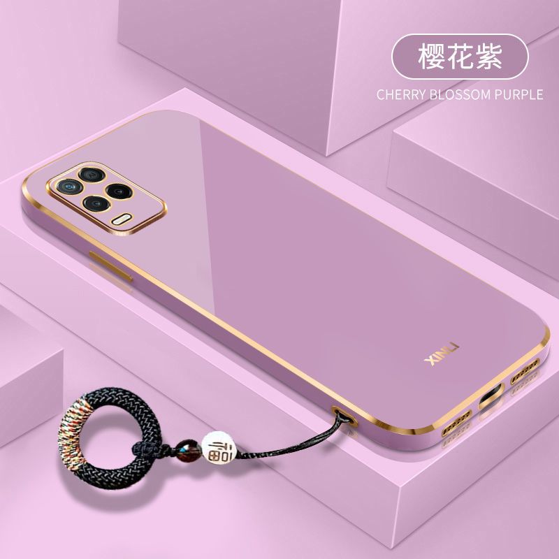 For OPPO A54 4G Back Cover with Non-Slip Rope Pull Ring Shiny Plating Square Bumper Protective Case Camera Lens Protection Soft Silicone Shockproof Mobile Phone Cases