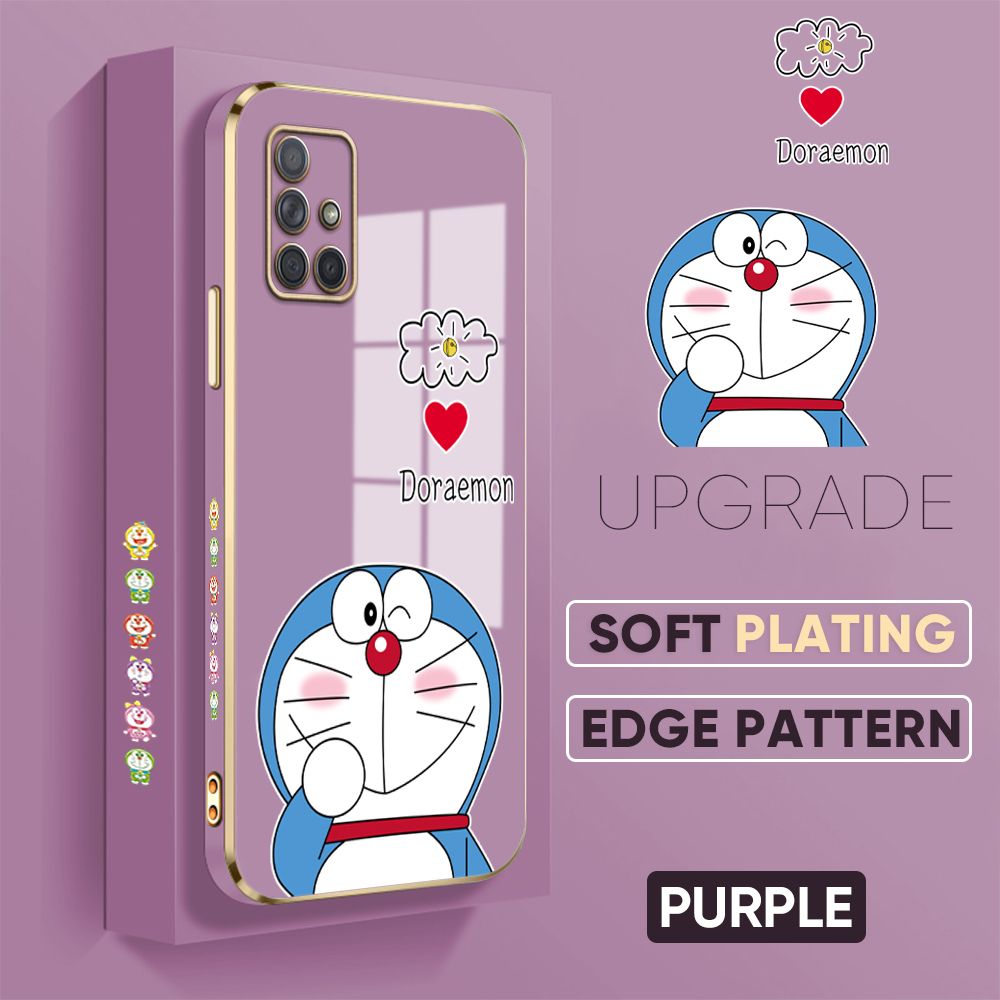 Jizetin (Free Lanyard) Samsung A71 Cover Sneak Doraemon Luxury 6D Plating Soft Casing Silicone Square Frame Phone Case Shiny Bling Back Cover