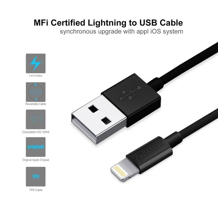 CHOETECH IP0027 1.8M 2.4A MFi Certified Lightning to USB Cable Fast Charging Data Lightnings to USB-A Cables