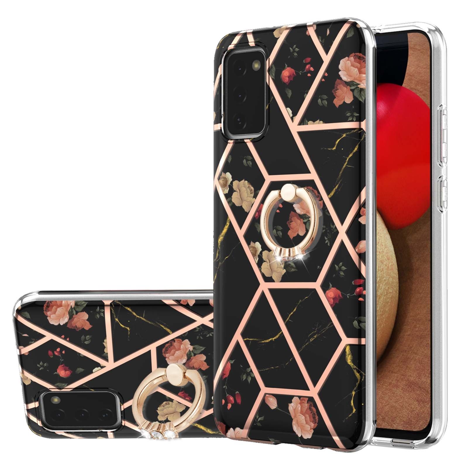 For Samsung Galaxy A02S 166mm Electroplating Splicing Marble Flower Pattern TPU Shockproof Case with Rhinestone Ring Holder