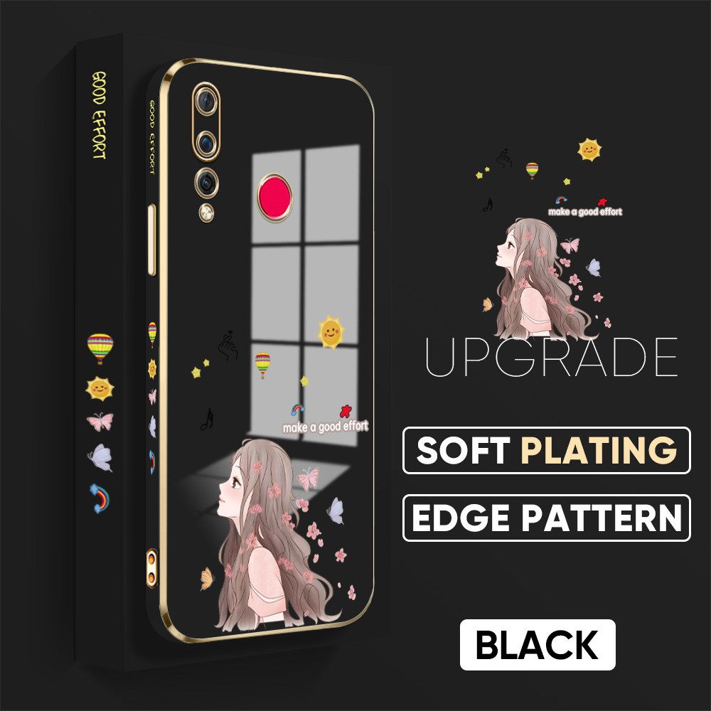 TA for Huawei Nova 4 Back Cover + Free Lanyard Charming Girl Luxury 6D Plating Case Side Pattern Soft Silicone Square Phone Cases