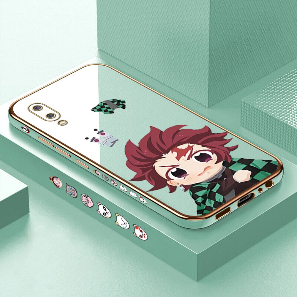 Luxury 6D Plating Case for Samsung M02 A02 Cartoon Anime Tanjirou Side Pattern Back Cover Soft Silicone Square Phone Cases + Free Lanyard