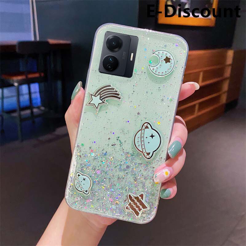 For VIVO T1 5G Shiny Ring Case Glitter Soft Transparent Space Planet Cases for VIVO T1 5G Back Cover Stars Moon Girls