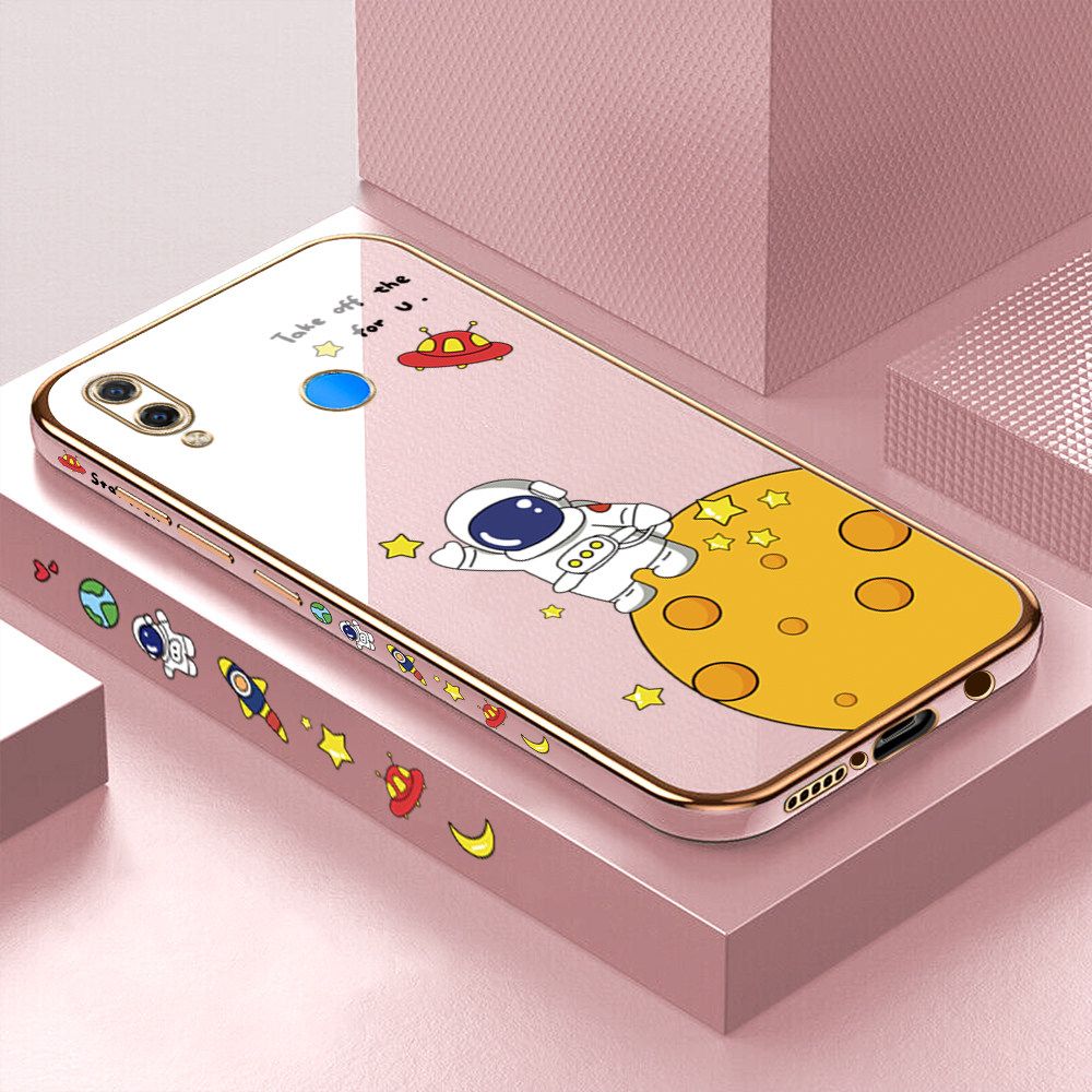 Luxury 6D Plating Case for Huawei P Smart Plus Cute Cartoon Happy Astronaut Side Pattern Back Cover Soft Silicone Square Frame Shiny Bling Phone Cases + Free Lanyard